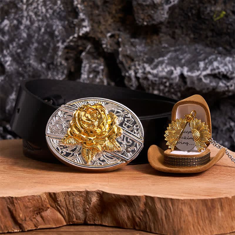 Gold & Silver DIY Rose Hidden Knife Belt Buckle Sunflower Necklace Bundle Set