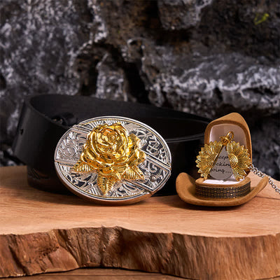 Gold & Silver DIY Rose Hidden Knife Belt Buckle Sunflower Necklace Bundle Set