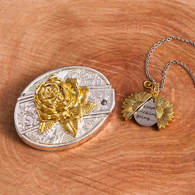 Gold & Silver DIY Rose Hidden Knife Belt Buckle Sunflower Necklace Bundle Set