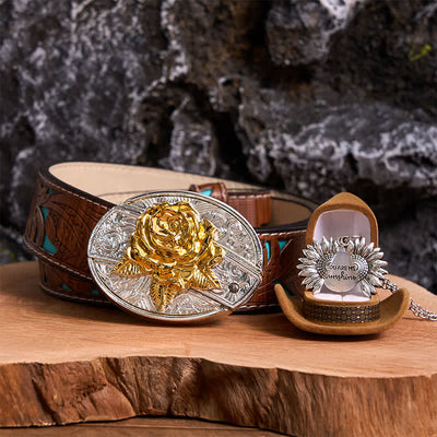 Gold & Silver DIY Rose Hidden Knife Belt Buckle Sunflower Necklace Bundle Set