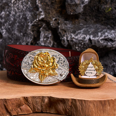 Gold & Silver DIY Rose Hidden Knife Belt Buckle Sunflower Necklace Bundle Set
