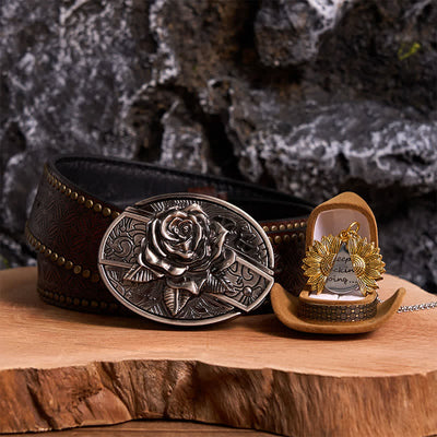 Silver DIY Rose Hidden Knife Belt Buckle Sunflower Necklace Bundle Set