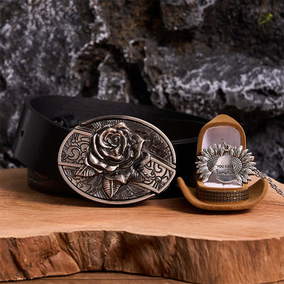 Silver DIY Rose Hidden Knife Belt Buckle Sunflower Necklace Bundle Set