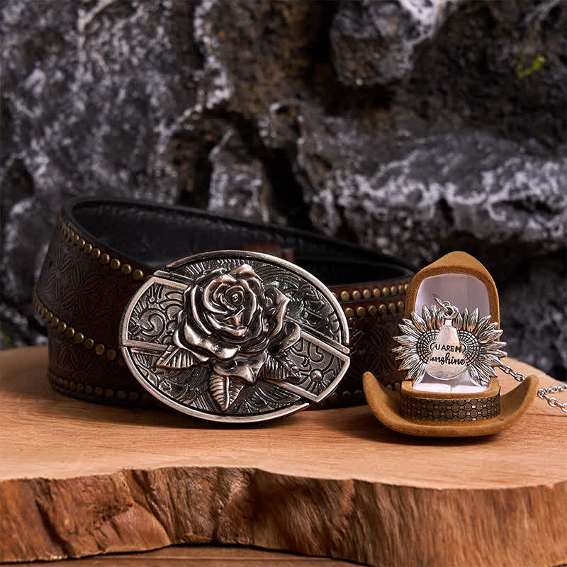 Silver DIY Rose Hidden Knife Belt Buckle Sunflower Necklace Bundle Set