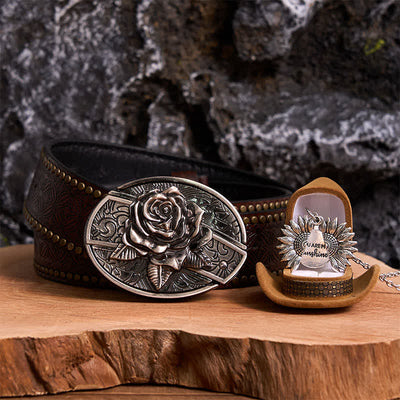 Silver DIY Rose Hidden Knife Belt Buckle Sunflower Necklace Bundle Set
