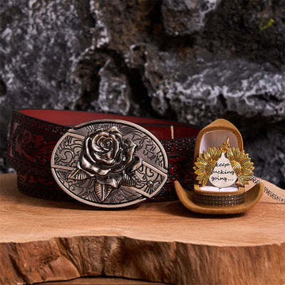Silver DIY Rose Hidden Knife Belt Buckle Sunflower Necklace Bundle Set