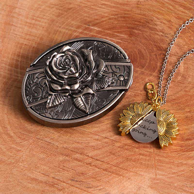 Silver DIY Rose Hidden Knife Belt Buckle Sunflower Necklace Bundle Set