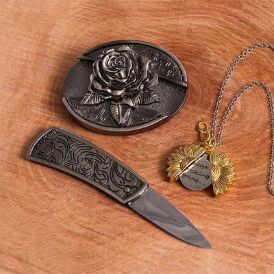 Silver DIY Rose Hidden Knife Belt Buckle Sunflower Necklace Bundle Set
