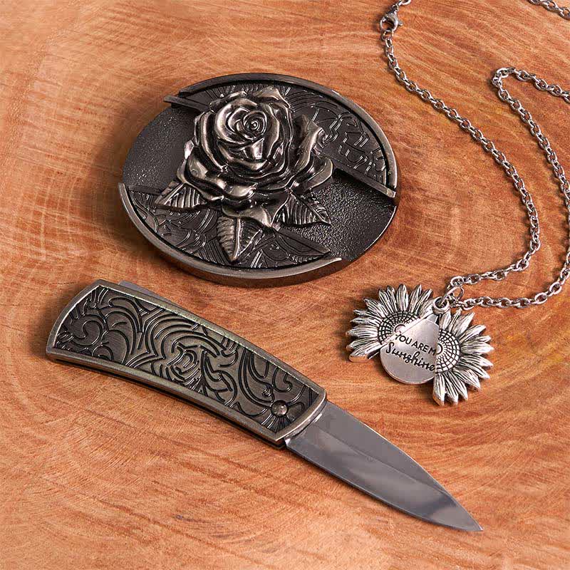 Silver DIY Rose Hidden Knife Belt Buckle Sunflower Necklace Bundle Set