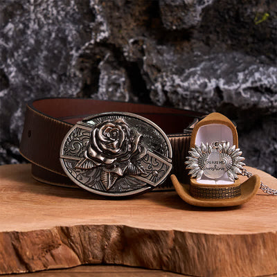 Silver DIY Rose Hidden Knife Belt Buckle Sunflower Necklace Bundle Set