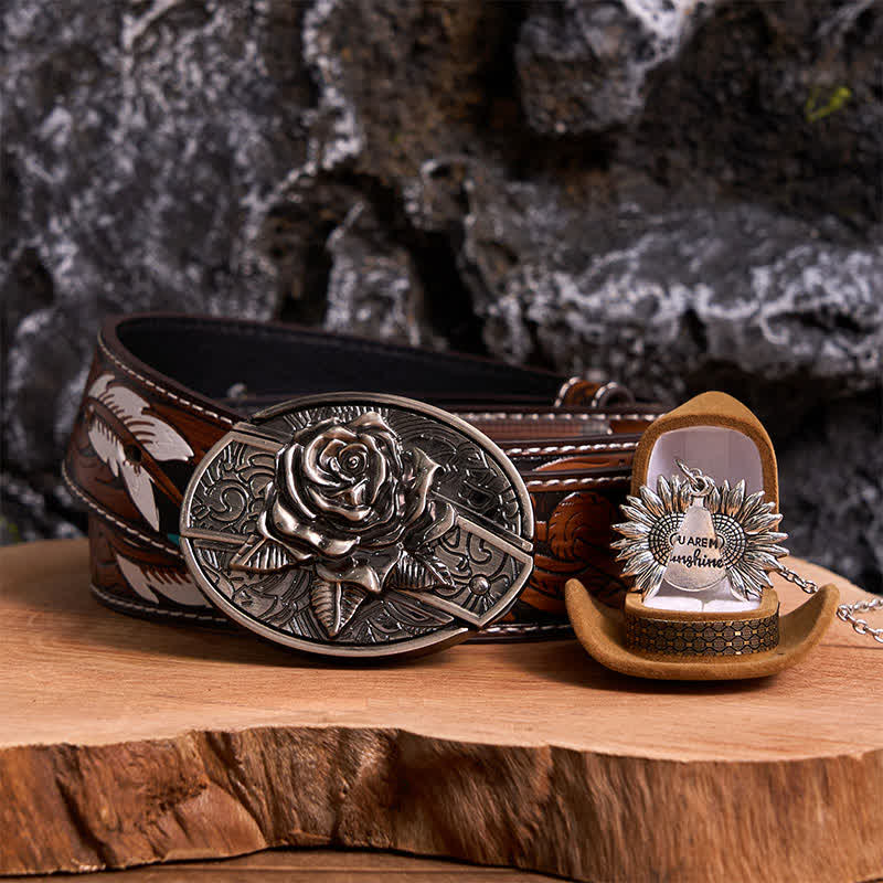 Silver DIY Rose Hidden Knife Belt Buckle Sunflower Necklace Bundle Set