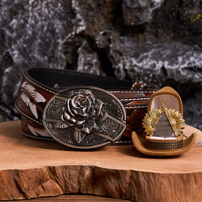 Silver DIY Rose Hidden Knife Belt Buckle Sunflower Necklace Bundle Set