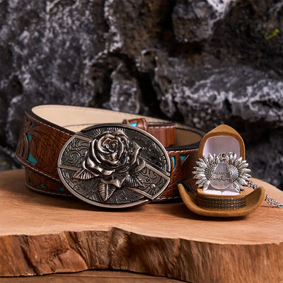 Silver DIY Rose Hidden Knife Belt Buckle Sunflower Necklace Bundle Set
