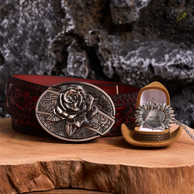 Silver DIY Rose Hidden Knife Belt Buckle Sunflower Necklace Bundle Set