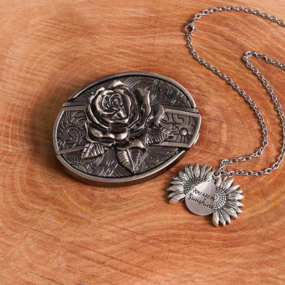 Silver DIY Rose Hidden Knife Belt Buckle Sunflower Necklace Bundle Set