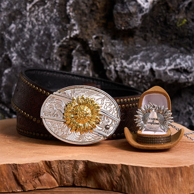 Gold & Silver DIY Sunflower Theme Hidden Knife Belt Buckle Necklace Bundle Set