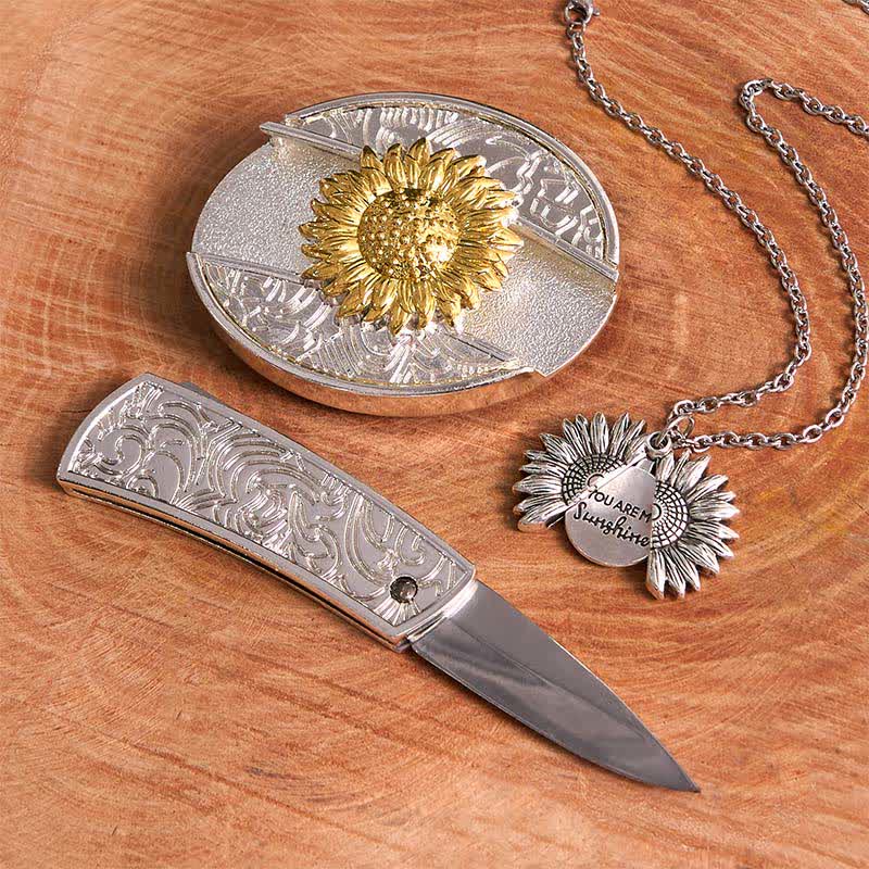 Gold & Silver DIY Sunflower Theme Hidden Knife Belt Buckle Necklace Bundle Set