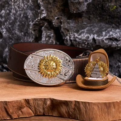 Gold & Silver DIY Sunflower Theme Hidden Knife Belt Buckle Necklace Bundle Set
