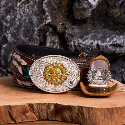 Gold & Silver DIY Sunflower Theme Hidden Knife Belt Buckle Necklace Bundle Set