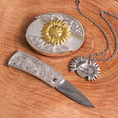 Gold & Silver DIY Sunflower Theme Hidden Knife Belt Buckle Necklace Bundle Set