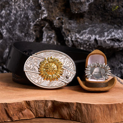 Gold & Silver DIY Sunflower Theme Hidden Knife Belt Buckle Necklace Bundle Set