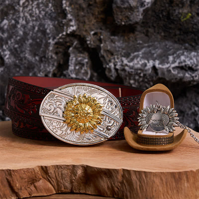 Gold & Silver DIY Sunflower Theme Hidden Knife Belt Buckle Necklace Bundle Set