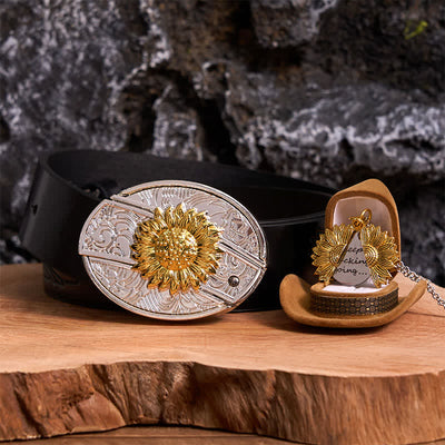 Gold & Silver DIY Sunflower Theme Hidden Knife Belt Buckle Necklace Bundle Set