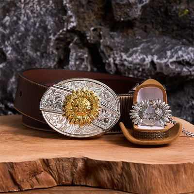 Gold & Silver DIY Sunflower Theme Hidden Knife Belt Buckle Necklace Bundle Set