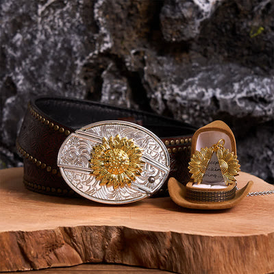 Gold & Silver DIY Sunflower Theme Hidden Knife Belt Buckle Necklace Bundle Set