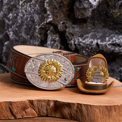 Gold & Silver DIY Sunflower Theme Hidden Knife Belt Buckle Necklace Bundle Set