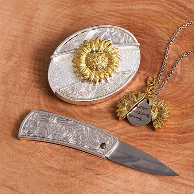 Gold & Silver DIY Sunflower Theme Hidden Knife Belt Buckle Necklace Bundle Set