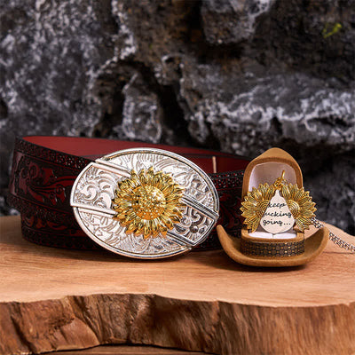 Gold & Silver DIY Sunflower Theme Hidden Knife Belt Buckle Necklace Bundle Set