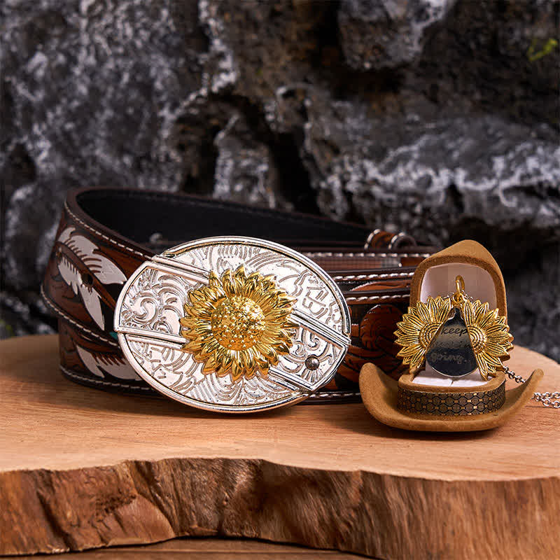 Gold & Silver DIY Sunflower Theme Hidden Knife Belt Buckle Necklace Bundle Set