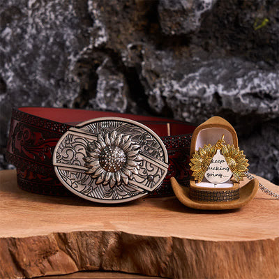Silver DIY Sunflower Theme Hidden Knife Belt Buckle Necklace Bundle Set