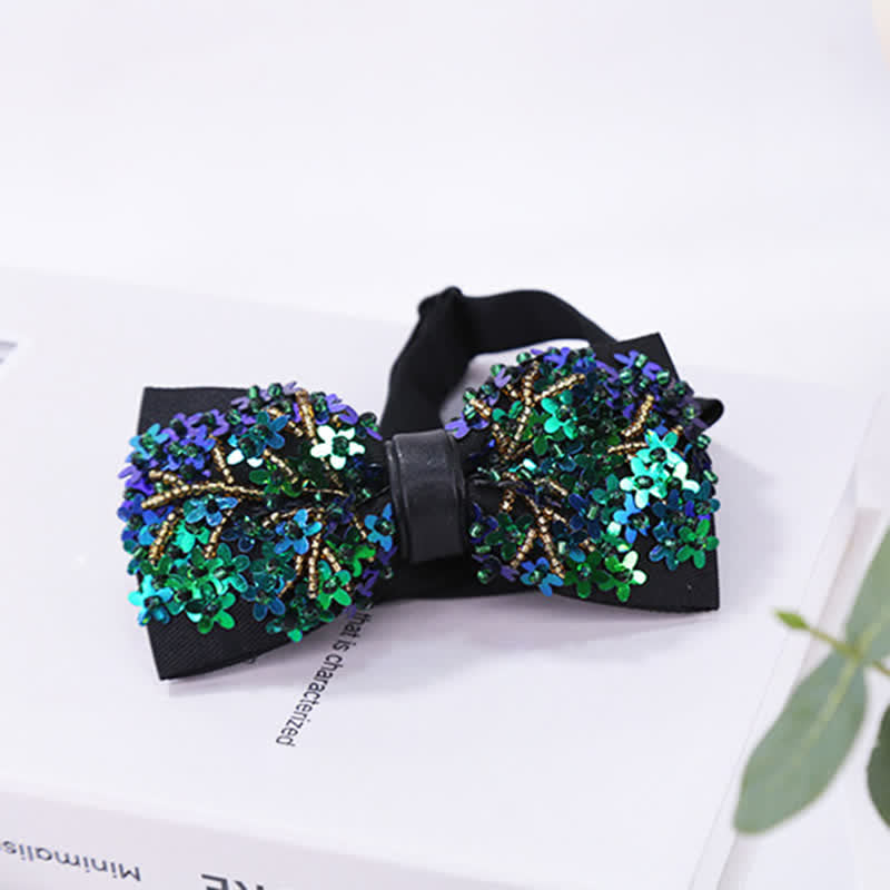 Shimmering Green & Blue Flower Shape Sequins Bow Tie