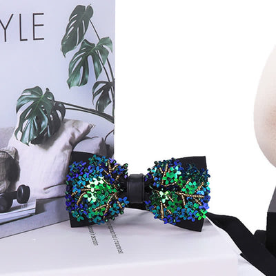 Shimmering Green & Blue Flower Shape Sequins Bow Tie