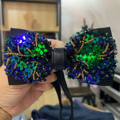 Shimmering Green & Blue Flower Shape Sequins Bow Tie