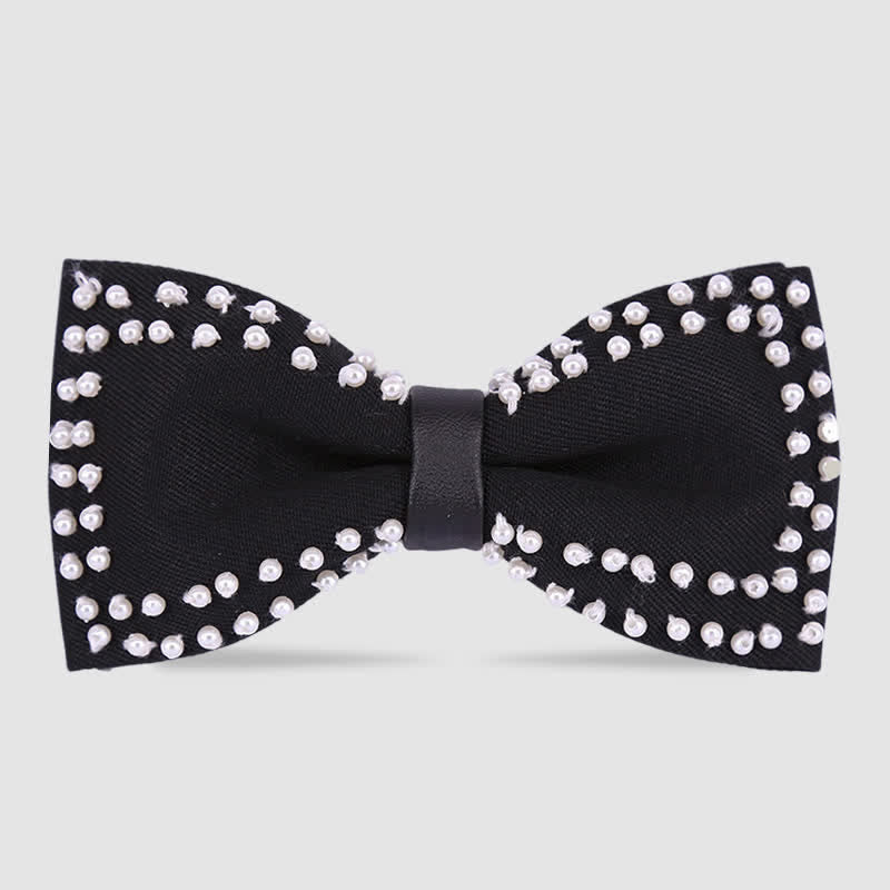 Elegant Hand-Embroidered Black & White Pearls Bow Tie