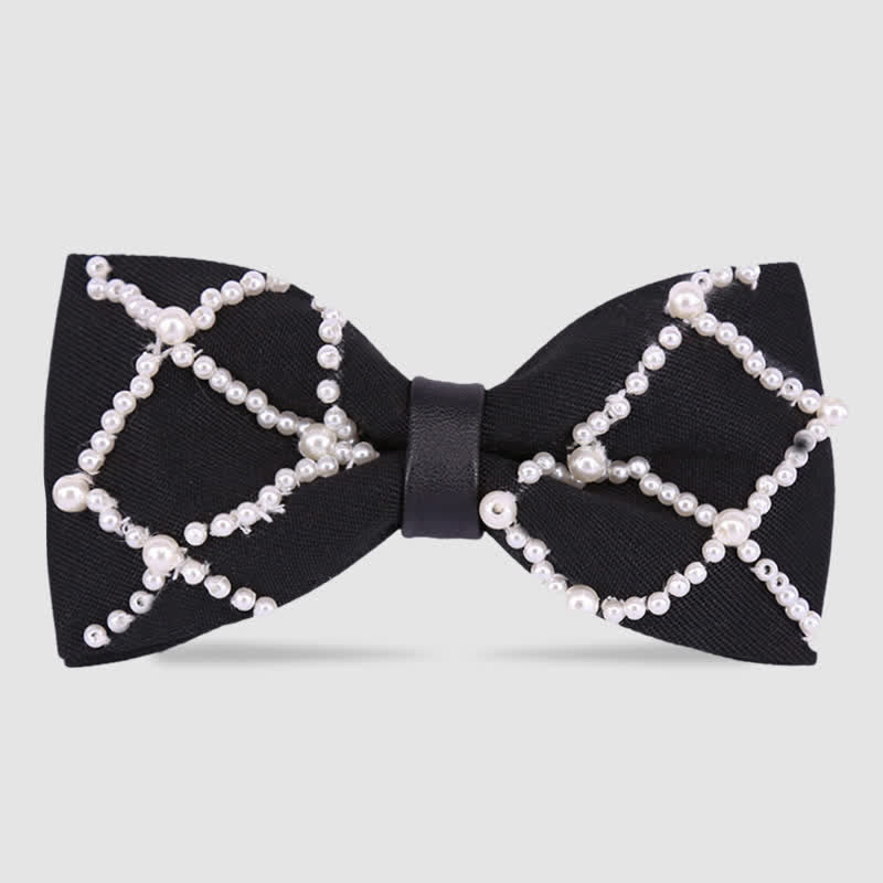 Elegant Hand-Embroidered Black & White Pearls Bow Tie