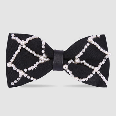 Elegant Hand-Embroidered Black & White Pearls Bow Tie