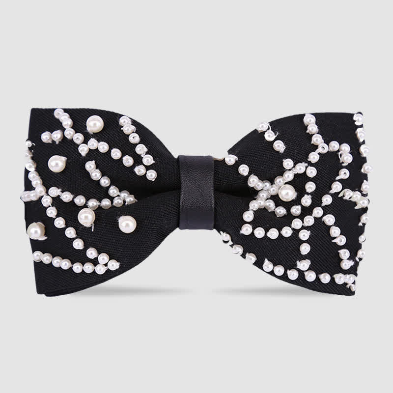 Elegant Hand-Embroidered Black & White Pearls Bow Tie