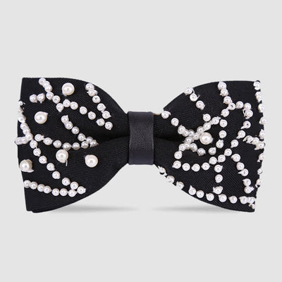 Elegant Hand-Embroidered Black & White Pearls Bow Tie