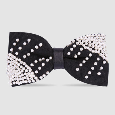 Elegant Hand-Embroidered Black & White Pearls Bow Tie