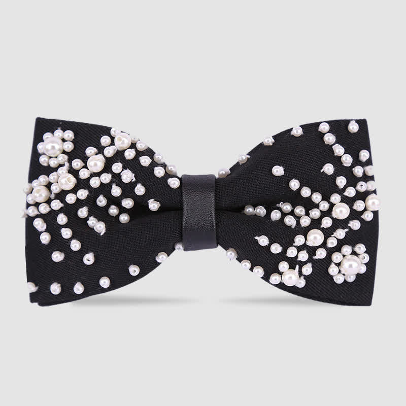 Elegant Hand-Embroidered Black & White Pearls Bow Tie