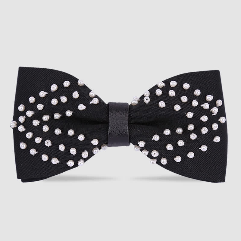 Elegant Hand-Embroidered Black & White Pearls Bow Tie