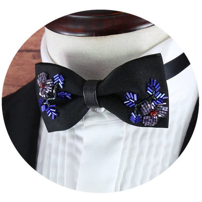 Flower Shape Beaded Embroidery Black Bow Tie