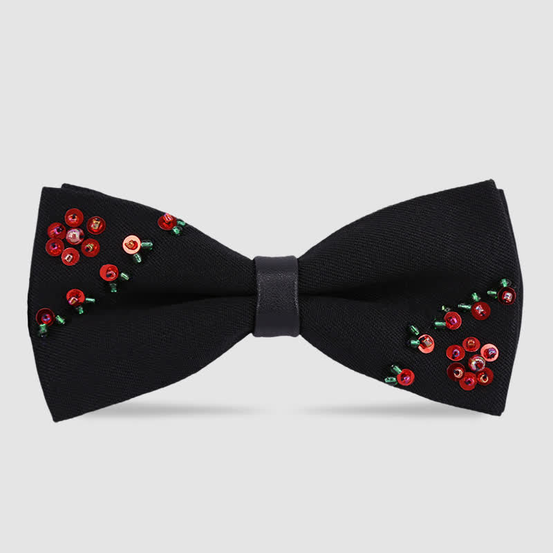 Flower Shape Beaded Embroidery Black Bow Tie