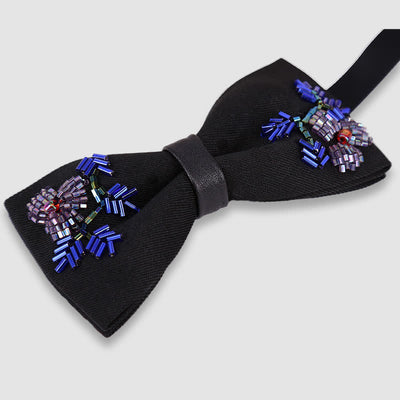 Flower Shape Beaded Embroidery Black Bow Tie