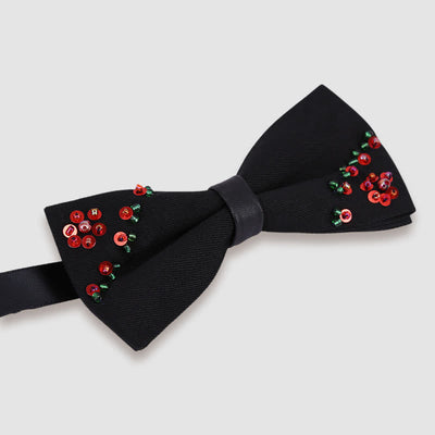 Flower Shape Beaded Embroidery Black Bow Tie