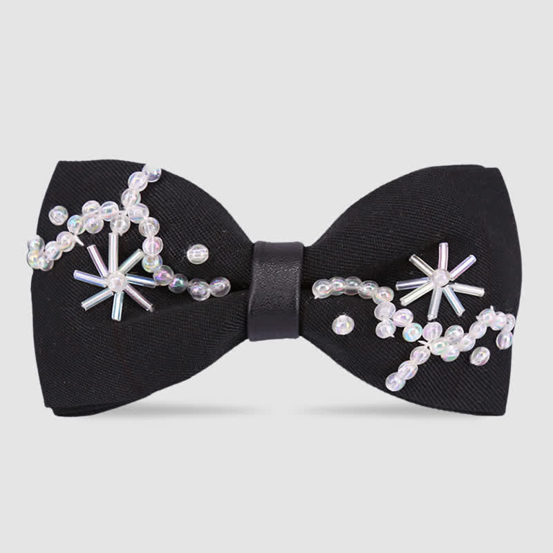 Flower Shape Beaded Embroidery Black Bow Tie
